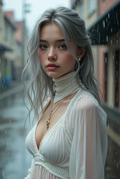  Nsfw,Beautiful girl college student，masterpiece，light makeup，silver hair，messy long hair，street background，beautiful，grace。super fine details，work，authentic texture，Realistic movie lighting，Perfect Work，8K，HD，exquisite features，White Skinny Turtleneck Top...