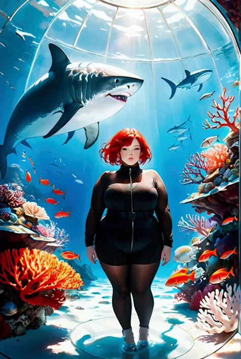 a young plus size model;  short red hair; wearing items from the autumn/winter 2024 collection;  posing inside an airtight glass...