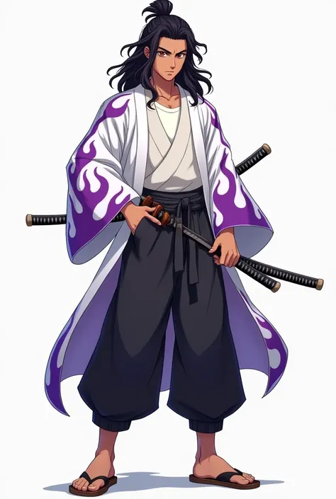 a young man with brown skin,
brown eyes,
long black hair loose and curly He wears a white kimono with purple flames, with a white t-shirt underneath, a pair of basic black pants and a pair of wooden Japanese slippers, with a neutral expression and holding ...