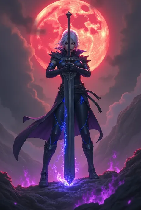 riven from league of legends wearing a dark and dark outfit, with blue outlines. large sword with violet flames around the sword and an apocalyptic scenario. 
A red moon and golden rays in the background