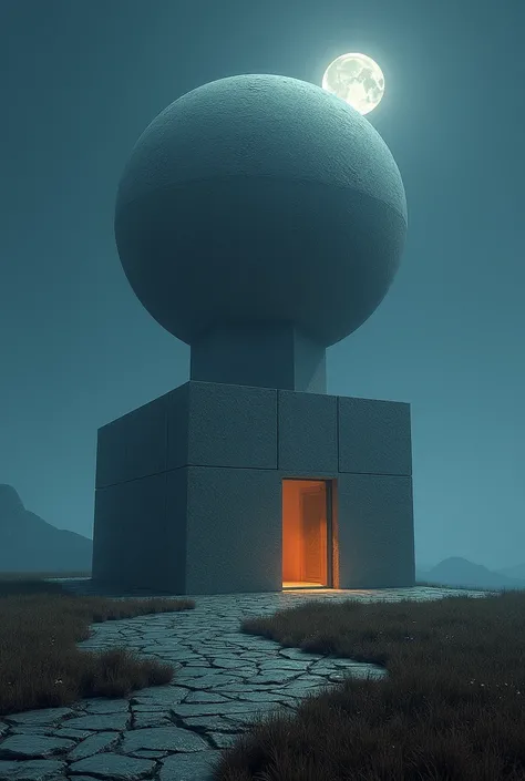 A cube-shaped stone house with a completely flat roof and above the house a stone the size of the house in the shape of a ball and at night with the moon illuminating it