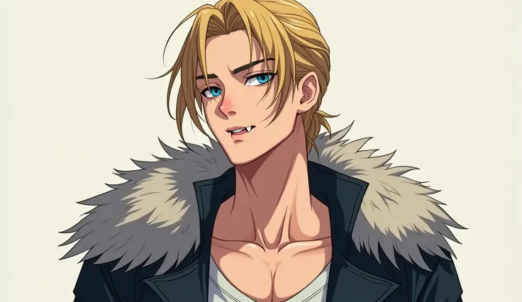 Young Asian Man,Six Pack,Dark eyebrows,Tie your hair,golden hair,handsome,Slender face,Blue eyes,Has fangs,shorts,Lean figure,Shoulders covered with wolf fur,Whole body,Looking at the camera,Anime Lines