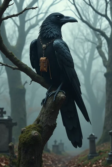 A crow with a brown pouch hanging from its torso with feathers covered with a layer of iron on the tips of the feathers on top of a dead tree in a cemetery.