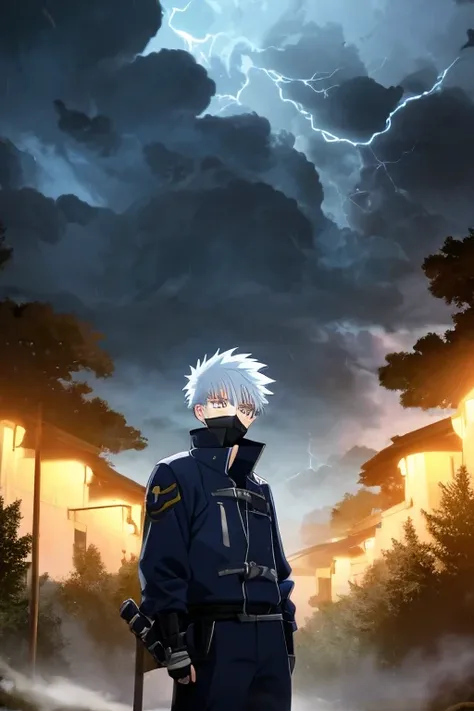  Teenager, 1boy, white eyes, spike hair, navy blue hair, serious look, forest, storm cloud, night, ronin outfit, jacket, bandages arms, mouth mask 