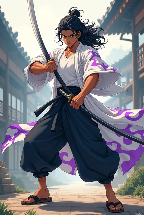 a young man swordsman who uses two swords with brown skin,
brown eyes,
long black hair loose and curly He wears a white kimono with purple flames, with a white t-shirt underneath, a pair of basic black pants and a pair of wooden Japanese slippers, with a n...