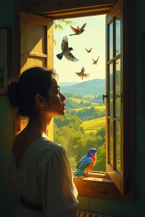 A woman looks out the window at a bunch of colorful little birds of all colors, highlight that it is in an old house, dark yellow, woman bordering on realism , Realist art, absolute and fantastic realism, monet art style, TB highlight for woman bordering o...