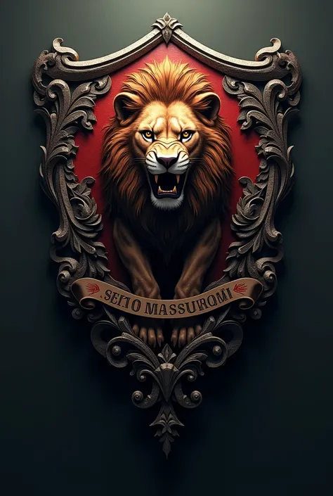 Create a shield for a team "no massage" that shows fear and authority, that has a muscular lion. with the name in Portuguese, no massage 