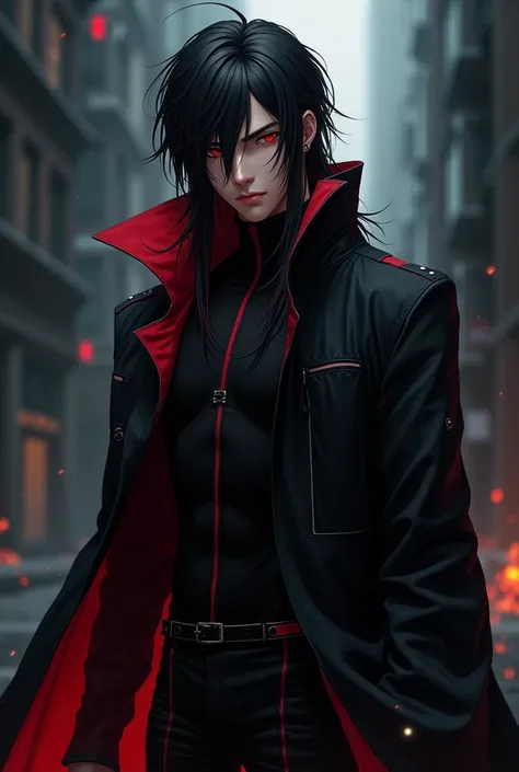 Handsome, dark skin, anime male character with red eyes and long black hair with streaks of deep Crimson and wearing a dark trenchcoat underneath a sleek black bodysuit with crimson accent ￼￼￼