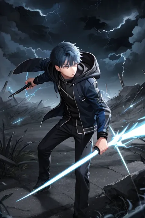  Teenager, 1boy, solo, sliver eyes, spike hair, navy blue hair, serious look, forest, storm cloud, night, ronin outfit, jacket, bandages arms, hood up, lightning bender