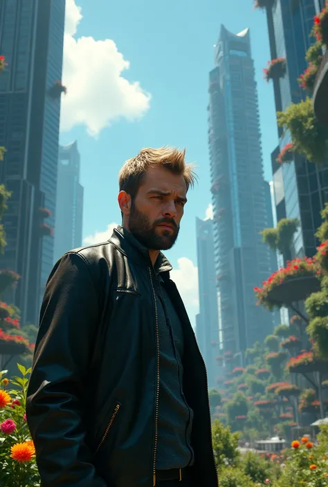 An artificial intelligence looks at a blond man with a beard and brown hair, with dangerous eyes . Futuristic city scene from the year 2049, skyscrapers with glass, and lights and holograms,  nature everywhere, hanging gardens, flowers and roses, Blue sky ...