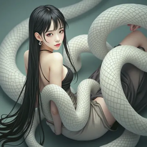 White skinned woman sitting,  long black straight hair, wearing a black dress, with a white snake wrapped around its body