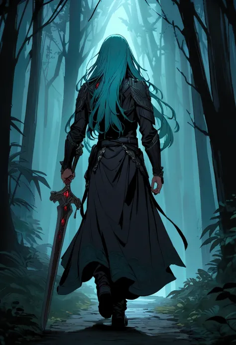 Effeminate teenage boy with long hair and red eyes inside and wearing short black clothes and has turquoise hair and has a large sword on his back while he is walking through a dark forest