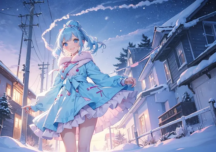 A young girl with light blue hair tied in playful ribbons, wearing a fluffy pink coat and a short pastel dress that flares out at her waist, showing her thin, graceful legs. She stands on a snowy path leading to a gingerbread house, with snowflakes gently ...