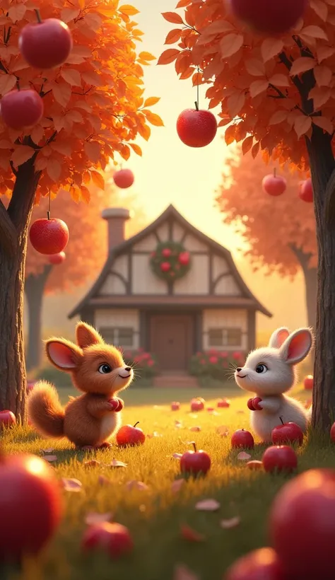 An enchanting autumn orchard with apple trees adorned with oversized, glittering apples. Include whimsical characters like animated animals gathering apples and a cozy, storybook-style barn in the background, bathed in warm, golden hues.