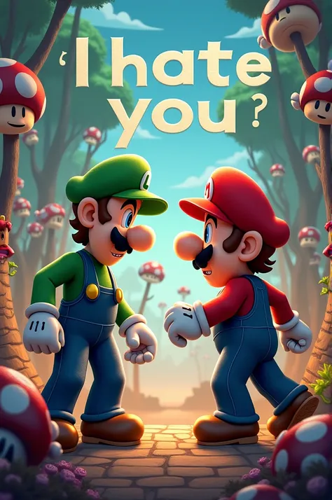 Brave Luigi battling Mario and the phrase "I HATE YOU" written in cims with the disney logo and pixaf below