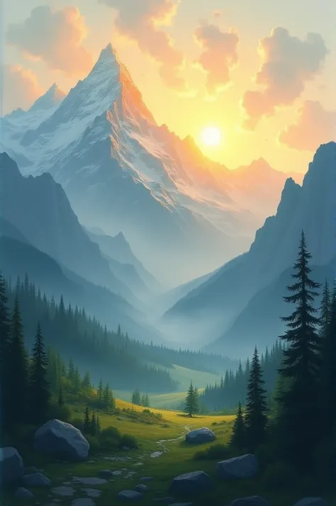 Create a painting of the sun rising behind mountains with the title "FALLING"