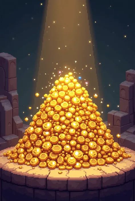 A pile of gold in style "pixel art" for a 2D platform game the image needs to be frontal