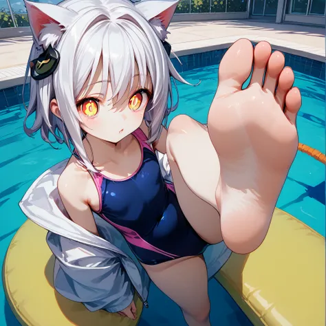 score_9,score_8_up,score_7_up,score_6_up,score_5_up, swim suit, indoor swimming pool hall,,Koneko Toujou from Highscool DxD, Solitary,white hair, catgirl, indoors,barefoot,Foot Focus,hypno feet, hypnotic feet, Koneko Toujou from Highschool DxD tries to hyp...