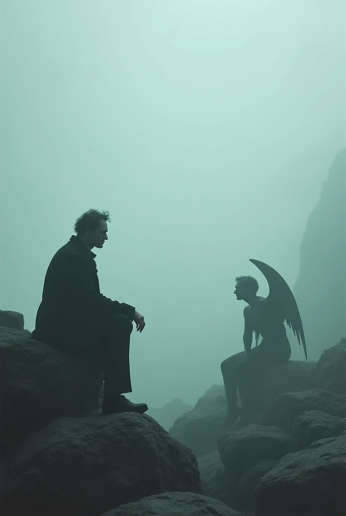 A surreal landscape, on the threshold between the earthly and metaphysical worlds. Nietzsche and Lucifer are sitting on rocks in front of a vast expanse of fog. There is a tense and philosophical aura between them.