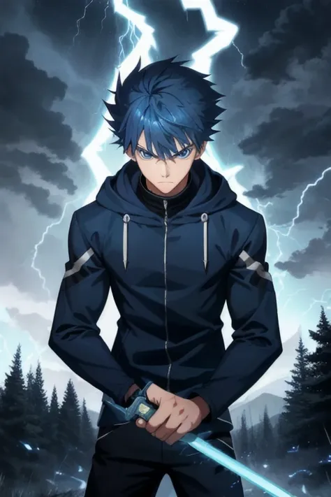  Teenager, 1boy, solo, blue eyes, spike hair, navy blue hair, serious look, forest, storm cloud, night, ninja outfit, jacket, bandages arms, hood up, lightning bender