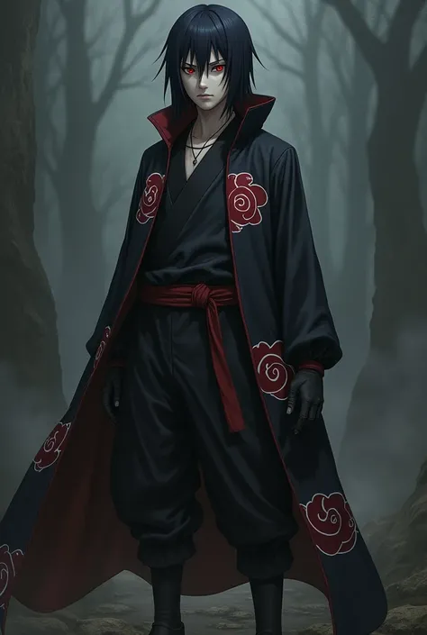 Create high quality, realistic image of Uchiha Itachi from anime &#39;Naruto&#39;, presenting him as a real person. Itachi should be depicted in traditional shinobi attire.: black cloak with red clouds, Black Pants & Shoes. Pay attention to the details of ...