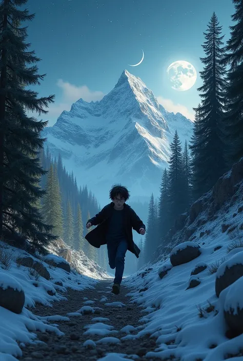 HARRY POTTER RUNNING RUNNER IN MOUNTAINS WITH MANY TREES, SOME SNOW, UNDER THE STARS AND THE MOON. 