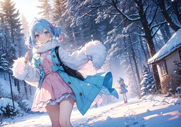 A young girl with light blue hair tied in playful ribbons, wearing a fluffy pink coat and a short pastel dress that flares out at her waist, showing her thin, graceful legs. She stands on a snowy path leading to a gingerbread house, with snowflakes gently ...