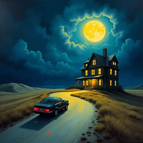 Vivid, impressionistic painting depicting a solitary house on a desolate road under a dramatic night sky. The layout features a winding road leading to a large, old-fashioned house with multiple windows illuminated by warm, yellow light. The house is surro...