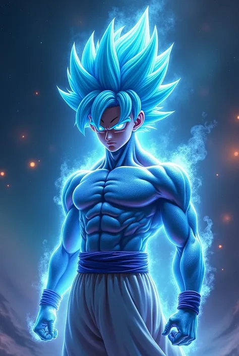 Gokus merger with Dr. Manhattan, Dr. Manhattans body, Gokus hair, mix elements of both, Blue face, Epic scenery