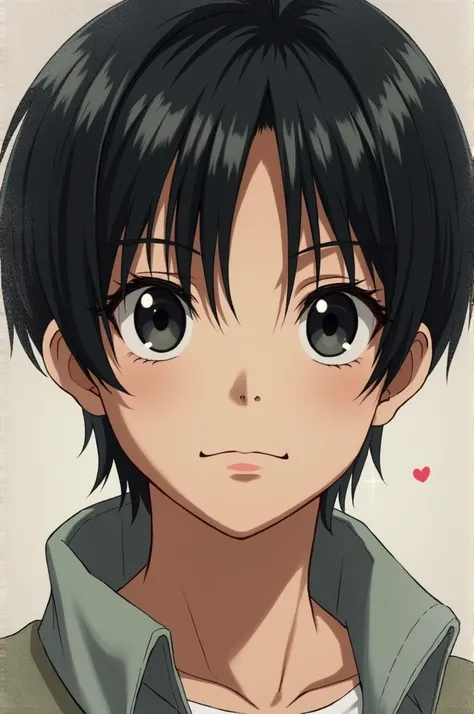 Baby Eren Yeager with Japanese features and straight black hair, black eyes and big lips, small nose but with a drooping tip