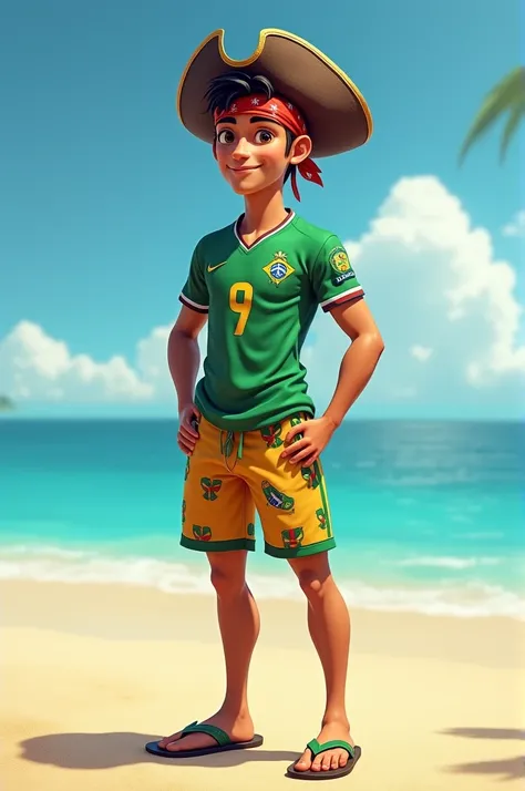 a male character, dressed as a pirate, aged 19, young, with a Brazil shirt, wearing flip-flops, Brazilian, with a headband, in shorts, with a pirate hat,