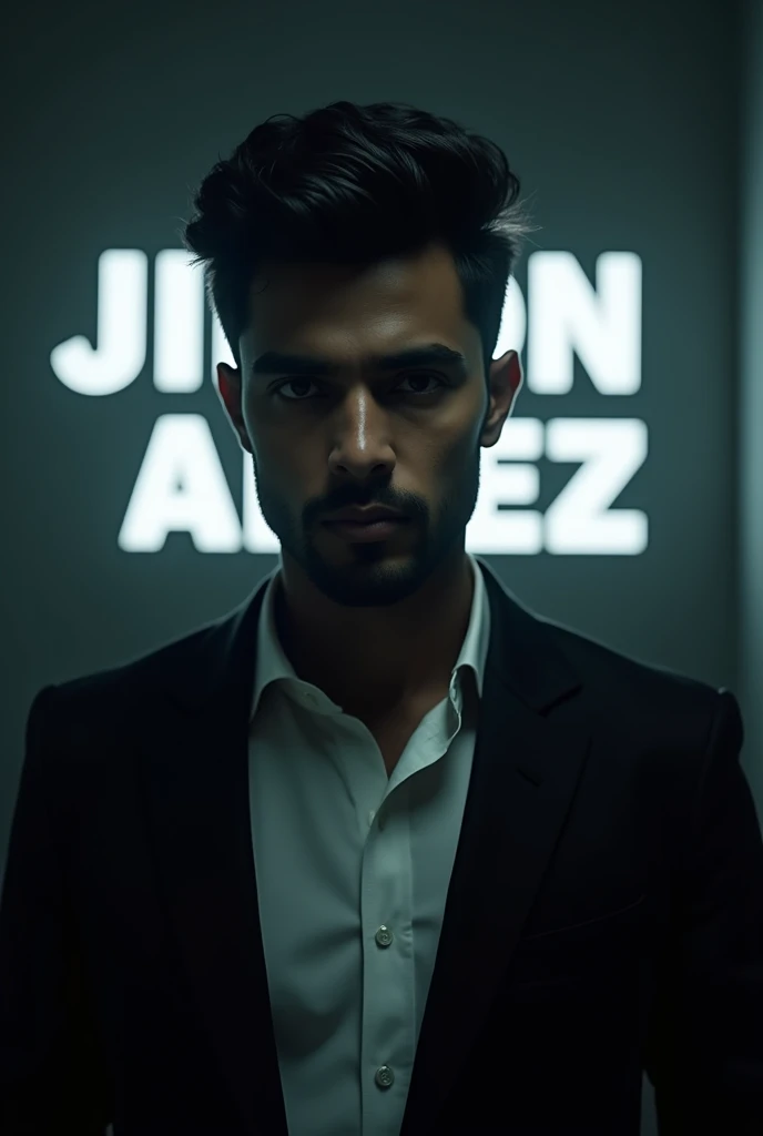 Create a highly realistic portrait of a 20-year-old Bangladeshi man named JIBON AHMED, standing in a dark room. He is wearing a blackblazer and a white shirt. The lighting should be dramatic, focusing on his handsome face with a light stubble, giving him a...