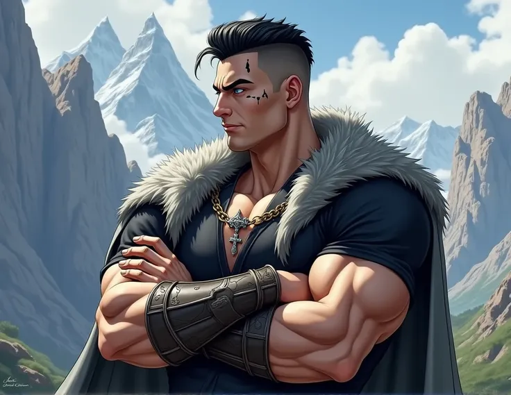 full body image, young handsome medieval man, man has short sleek black hair, blue eyes, large scar scar running from his eyebrow and over his eye, 1, clean shaven cheeks, very muscular body, wearing a black open shirt, grey fur mantle around his shoulders...