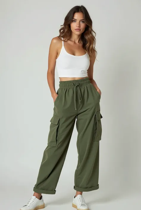 a young woman in a white top and green calça posing for a picture, verde oliva slacks, wearing cargo calça, military calça, baggy calça, large calça, cargo calça, high waist sweatcalça, verde oliva, calça, cortado livremente, vestindo um folgado, 😭 🤮 💕 🎀, ...