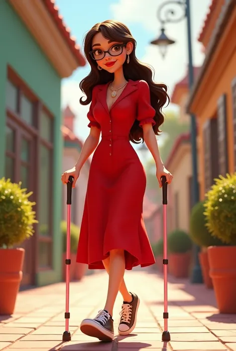 Pixar animation woman 3 with long brown wavy loose hair, parted to the side and the sides shaved, red lipstick, red midi dress and sneakers, black glasses, walks with two light pink Canadian canes.
full body photo.