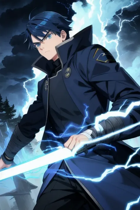  Teenager, 1boy, solo, azure eyes, navy blue hair, serious look, forest, storm cloud, night, ninja outfit, coat, bandages arms, lightning bender,