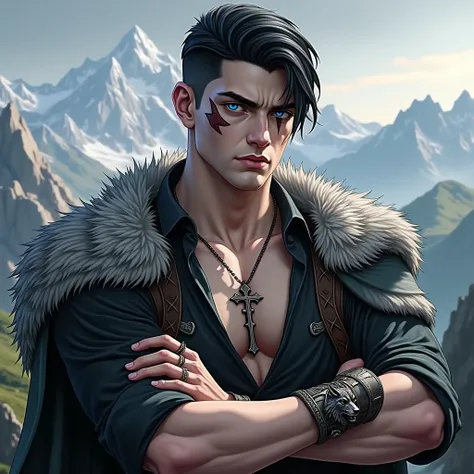 full body image, young handsome medieval man, man has short sleek black hair, blue eyes, large scar scar running from his eyebrow and over his eye, 1, clean shaven cheeks, very muscular body, wearing a black open shirt, grey fur mantle around his shoulders...