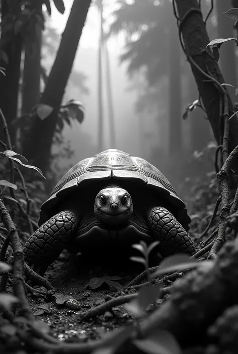 create an image of a turtle in an amazon forest black and white image 