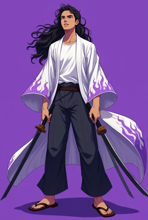 a young man swordsman using two swords looking up sideways with brown skin,
brown eyes,
long black hair loose and curly He wears a white kimono with purple flames, with a white t-shirt underneath, a pair of basic black pants and a pair of wooden Japanese s...