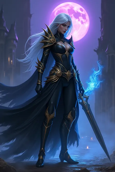 riven from league of legends wearing a dark and dark outfit, with golden contours. Large sword with blue flames around the sword and an apocalyptic setting. 
A purple moon and rays in the background