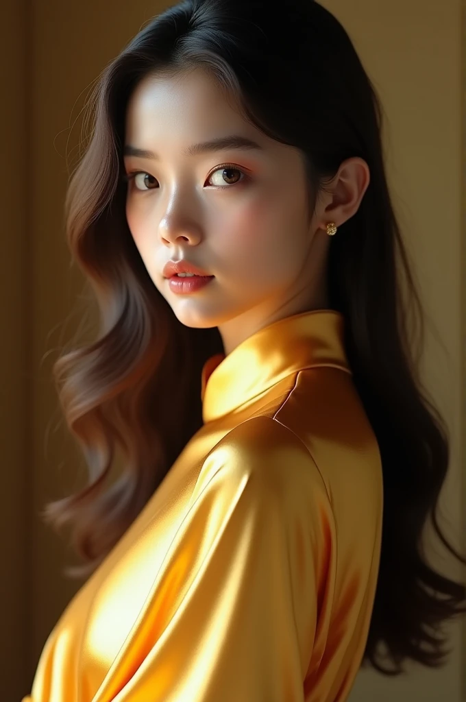 asian girl, vietnam, vietnamese, golden ao dai, traditional clothes, satin, pretty girl, emotion , long hair, Realistic lighting, delicate face, big double eyelids, Sexy expression, Body perfect anatomy,Top Quality, 8K Resolution , full body , realistic , ...