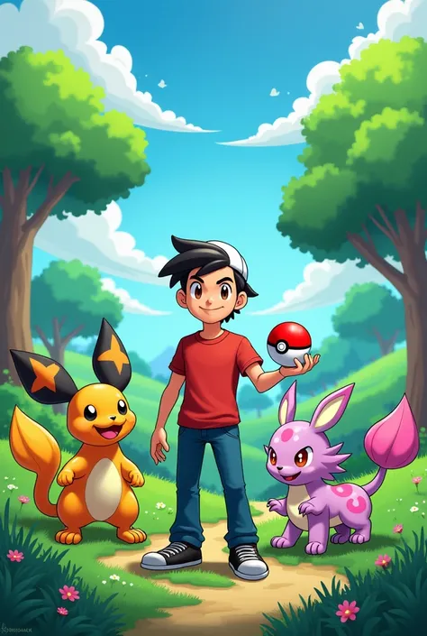 I want a cover for my game inspired by Pokémon. The image must show a trainer with a square pokeball in his hand, surrounded by unique creatures inspired by Pokémon. The background should be a natural landscape, with green hills, trees and a sky. The graph...