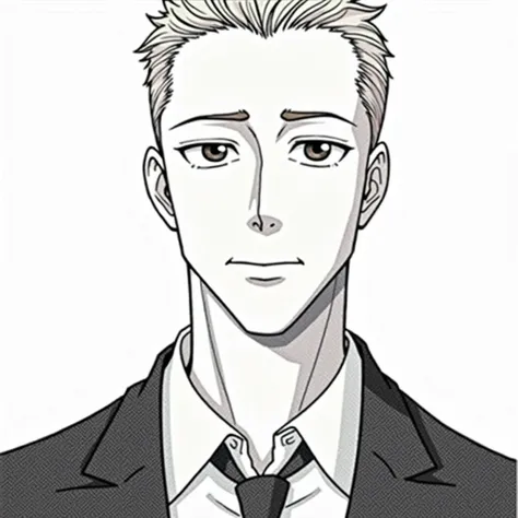 Anzai is a man in his 30s or 40s. He has an above average stature and a slender build. He has short slicked back brown hair, and typically wears a white button-up shirt with a black overcoat on top and black trousers. Faça no estilo anime 