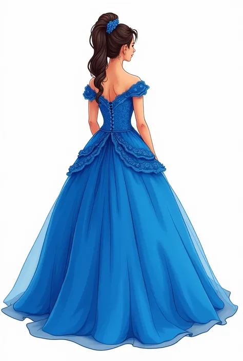 Draw a girl in a royal blue quinceañera dress facing backwards so you cant see her face in a simple coloring book style for an invitation 