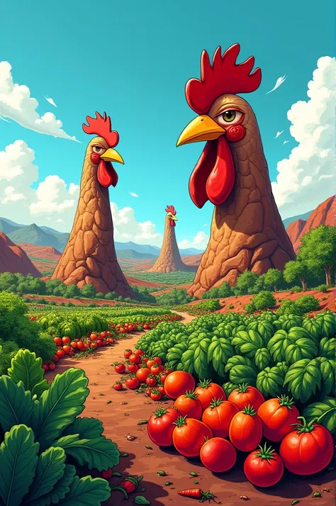 I want a landscape with the Quixadá chicken rock with a vegetable garden in front in comic book style