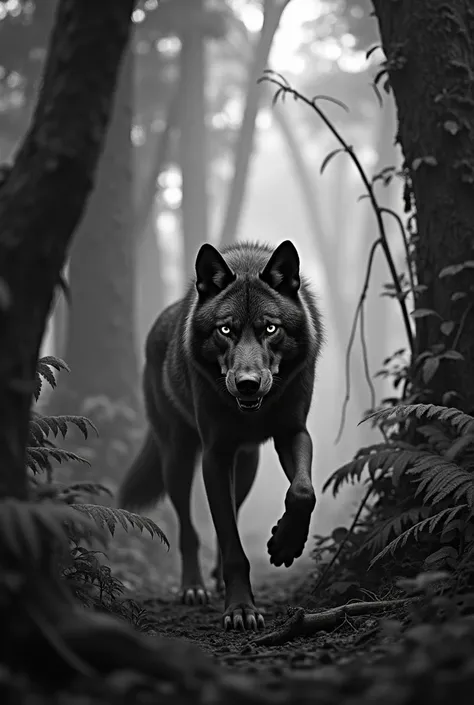 create an image of a wolf in an amazon forest black and white image 