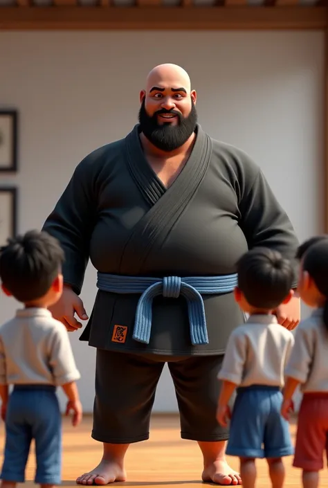 An animation of a bald, bearded, and pot-bellied BLACK Brazilian man, in a black kimono and blue jiu jitsu belt teaching classes to children 