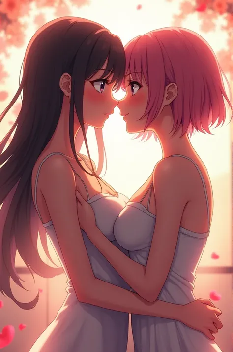 Anime Lesbian couple kissing passionately