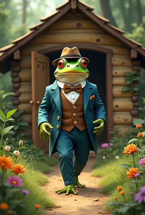 Recreate a frog with a suit and hat.
The frog leaves his house and walks away from the door..