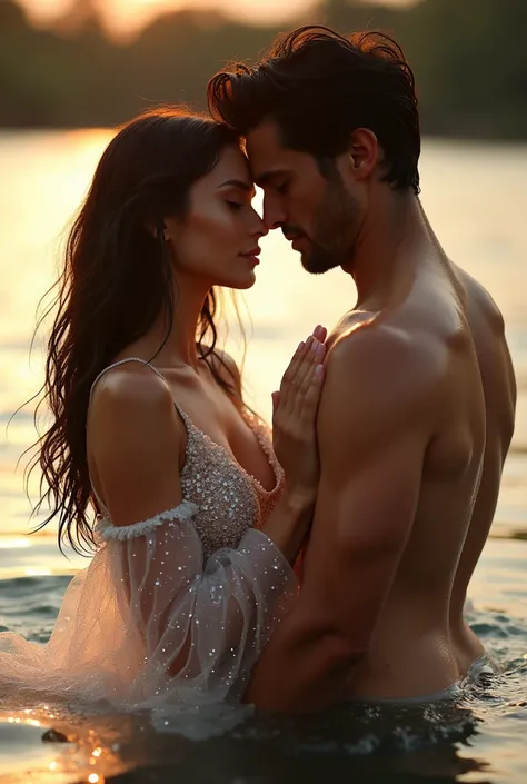 Beautiful brunette comes out of the water holding hands with a guy, view from afar, translucent dress, man with bare chest, delicate transparent dress made of fluorescent sparkling pearls, shining, naked breast under dress. The body of a naked woman is vis...